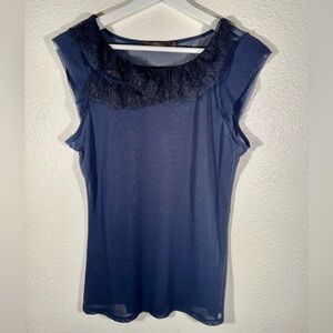 The Limited Sleeveless Sheer Top in Midnight Blue with Black Lace Neck Detail